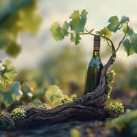 Wine bottle growing from grapevine in vineyard sunlight photo