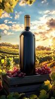 Wine bottle standing on wooden crate in vineyard at sunset photo