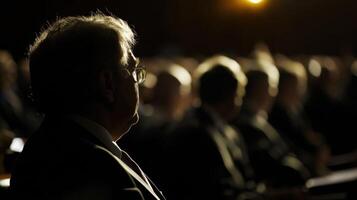 A diplomats face is partially illuminated by overhead lighting emphasizing their thoughtful expression as they consider their responses during a heated discussion. Behind them an photo