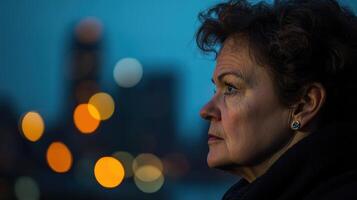 A politician listens intently to a question from the audience their brow furrowed in concentration. The outoffocus cityscape behind them illuminated by twilight underscores the connectio photo