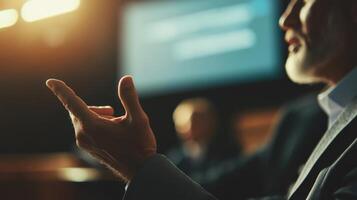 A closeup of an advisors hand gesturing emphatically while another leans in listening intently their faces vividly lit. The indistinct outlines of a large screen and chairs fade int photo