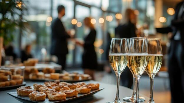 Several glasses of sparkling water and delicate pastries are artfully arranged on a low table while animated conversation unfolds around it. Soft jazz music plays in the backgroun photo