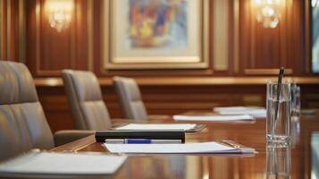A set of neatly arranged notebooks and pens is p in front of each chair with a glass of water beside them. The rich mahogany paneling contrasts with the understated beige tones of th photo