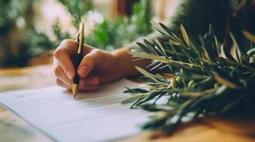 A pair of hands one penning notes on a document while the other gently cradles a sprig of olive leaves. The contrasting textures of the paper and foliage accentuate the delicate balanc photo