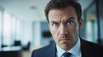 An engaging closeup of a politician in middiscussion eyebrows raised and lips slightly parted in thought. The blurred office decor behind hints at a modern sleek design with stylis photo