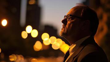 In profile the politicians expression is serious reflecting the dim glow of streetlights as dusk settles while the gently blurred urban panorama enhances the mood of introspection an photo