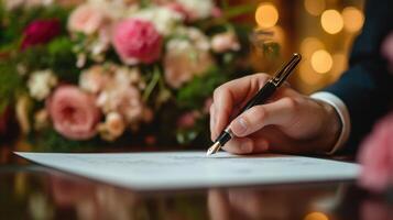 Closeup of a pair of hands one holding a fountain pen hovering above a treaty document while the other rests on the table showcasing a delicate wrisch framed by lush floral arrangement photo