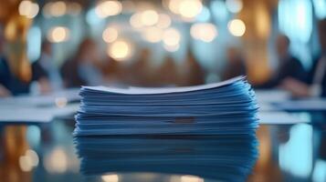 A dynamic image showcases a stack of official papers on a polished table partially illuminated by soft overhead lighting. In the background blurred figures engage in animated discussion photo