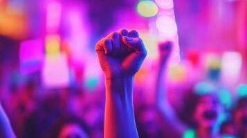 A powerful closeup of a raised fist in the foreground clutching a brightly colored sign that reads a rallying phrase with blurred faces of enthusiastic supporters cheering in the backdro photo
