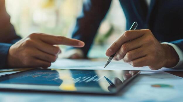 A closeup of a pair of hands one pointing at a detailed map on a tablet while the other holds a pen poised over a document. The background is slightly blurred showing two individual photo