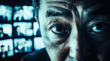 Framed in a medium closeup the diplomats expressive eyes reflect a blend of resolve and diplomacy while the muted colors of the media logos swirl softly behind suggesting the convergenc photo