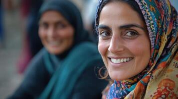 A medium closeup captures the politician with a radiant smile as they listen attentively to an elderly woman wearing a colorful headscarf illustrating a moment of intergenerationa photo