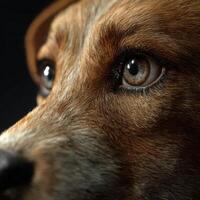 Close up of brown and white dog showing reflective eyes and fur photo