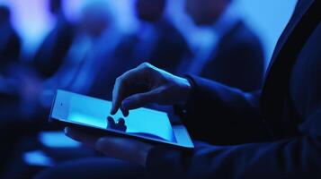 In a closeup an interpreter leans forward fingers poised over a tablet capturing key points from a speakers presentation. The interpreters expression reflects concentration and photo