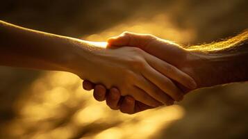 Closeup of two hands shaking in a gesture of agreement illuminated by warm diffused light that casts a gentle glow. The scene conveys mutual respect and collaboration with the backgroun photo