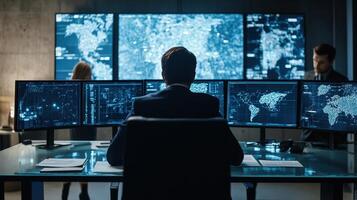Government agency analysts working on computer in high tech office analyzing data on multiple screens displaying sensitive information photo