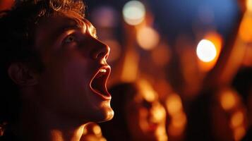 Focus on Passion A closeup on the politicians face reveals shining eyes and an open mouth caught midenthusiasm while the indistinct jubilant crowd in the background vibrates with a photo