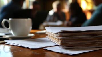 A stack of contracts and proposals lies on the table with a coffee cup and notepad beside them. In the background a small group of individuals is huddled together discussing animatedl photo