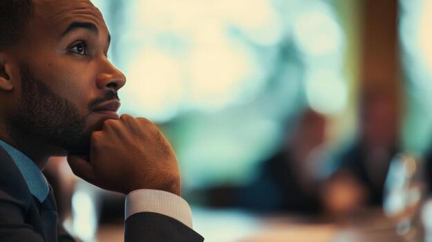 One delegate takes a deep breath hands clasped together contemplating their next words with a blurred round table in view that suggests the numerous ideas and strategies at play i photo