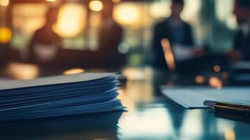Stack of documents lying on desk during business meeting photo