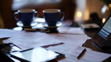A closeup of a table filled with documents and reports alongside empty coffee cups and a digital tablet displaying live updates illustrating the long hours and dedication involved i photo