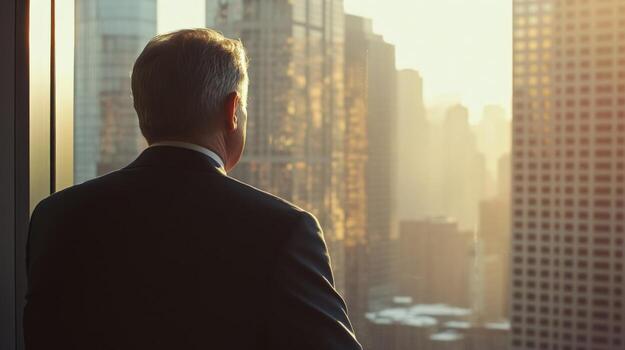 bañado en natural ligero un político miradas contemplativamente fuera el ventana enmarcado por suave oscuridad como el brumoso contornos de rascacielos crear un resumen lona ese contrastes con ellos foto