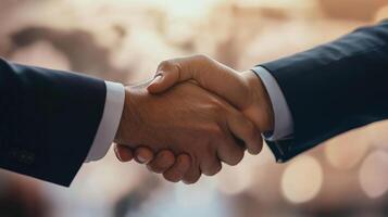 A closeup of two leaders shaking hands in agreement their smiles revealing a moment of camaraderie. The softly blurred outlines of continents and countries in the background reflec photo