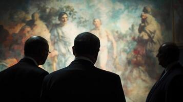 Captured midspeech the politicians intense gaze and wellstructured lapels convey authority. The indistinct shapes of classical sculptures and vibrant murals behind them swirl in a cream photo