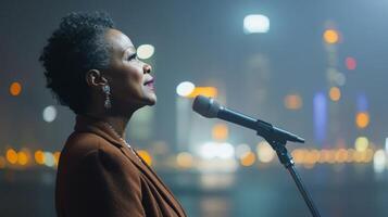 A politician of diverse background stands at the microphone her eyes focused on the audience with conviction. The city skyline fades in the background its ling lights adding a sens photo