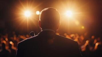 Against a backdrop of enthusiastic supporters the politician leans in closer to the microphone displaying a confident expression. Bright stage lights illuminate their face emphasizin photo