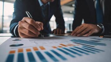 A pair of delegates leaning in close scrutinizing a document filled with analytical trade data. Their expressions are focused and serious highlighting the weight of the negotiation photo