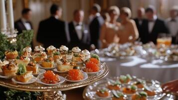 Elegant appetizers served at a formal political event with guests mingling photo