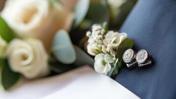 Elegant attire with intricate details is highlighted in this medium closeup as a pair of cufflinks catch the light juxtaposed with a backdrop of rich dark green foliage and delicat photo