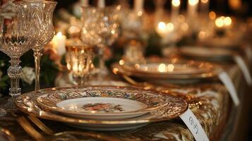 A closeup of an ornate table setting reveals fine china plates paired with intricately designed lery complemented by crystal wine glasses. The tables are draped in luxurious fabric photo