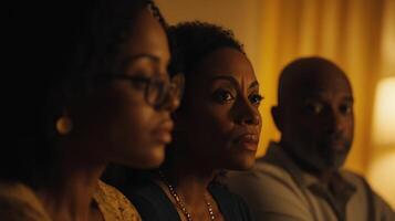 A diverse group of three individuals all intently listening reflects a collaborative spirit. The warm tones of the room enhance their friendly expressions with the light catching thei photo