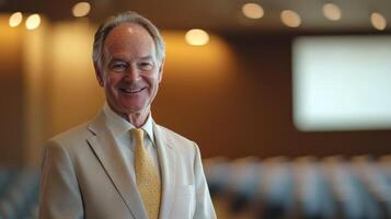 A senior diplomat with distinguished features and a lightcolored suit showcases a broad smile that conveys trust and charisma. The blurred backdrop features rows of illuminated seatin photo