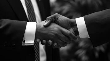 A medium closeup captures the moment of connection as fingers entwine during a handshake illustrating the delicate balance of power and respect. Their formal attire complete with necktie photo