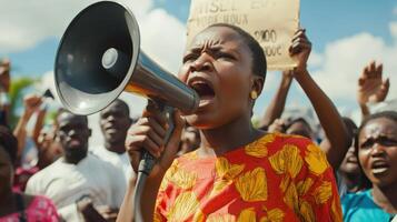 A medium closeup captures the politicians hands gripping the megaphone tightly conveying urgency and commitment. Their expressive face reveals a mix of determination and charisma a photo