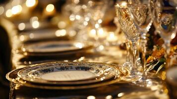 Elegant table setting gleaming under soft lights for an official dinner photo