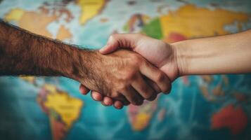 The moment of connection shows two hands clasping firmly the skin tones contrasting against the backdrop of a softly blurred world map emphasizing the significance of internationa photo