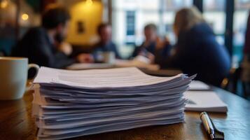 Stack of documents on table with politicians discussing in background photo