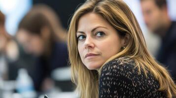 A closeup of a female leader leaning forward attentively as she listens to a colleague. Her focused expression contrasts with the blurred background of other leaders taking notes an photo