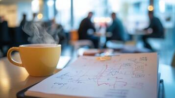 A closeup of a notepad filled with handwritten notes and complex diagrams resting beside a steaming cup of coffee. In the blurred background participants are seen engaging in quie photo