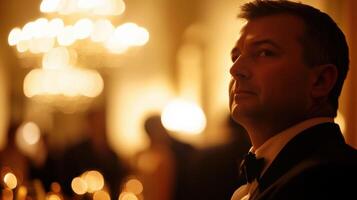 A medium closeup captures the diplomats expressive face as he listens intently the soft glow of the chandelier illuminating his features with elegantly dressed attendees mingling jus photo
