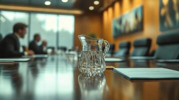 Crystal jug of water on polished table in conference room with politicians discussing photo
