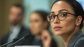 A female delegate adjusts her glasses as she prepares to speak at the podium her expression a mix of determination and professionalism. In the background fellow delegates appear engage photo