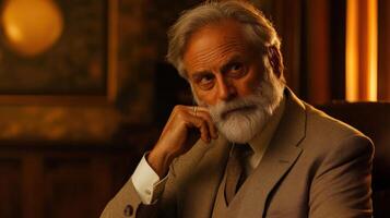 An older gentleman with a distinguished gray beard holds a pen thoughtfully against his chin pondering during a discussion. The warm ambiance of the boardroom highlighted by low lightin photo
