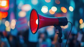 Positioned slightly to one side the politician is caught midsentence with the megaphone transmitting their words into the vibrant atmosphere. The backdrop includes blurred signs o photo