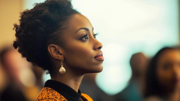 A medium closeup captures the intense gaze of a female leader as she listens intently to a fellow delegate. The backdrop is an abstract wash of color and soft shapes that hint at a photo