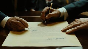 Zoomed in on a delicate parchment one diplomats fingers slide across the embossed seal while the other holds an ink pen above a blank signature line symbolizing the final steps in photo
